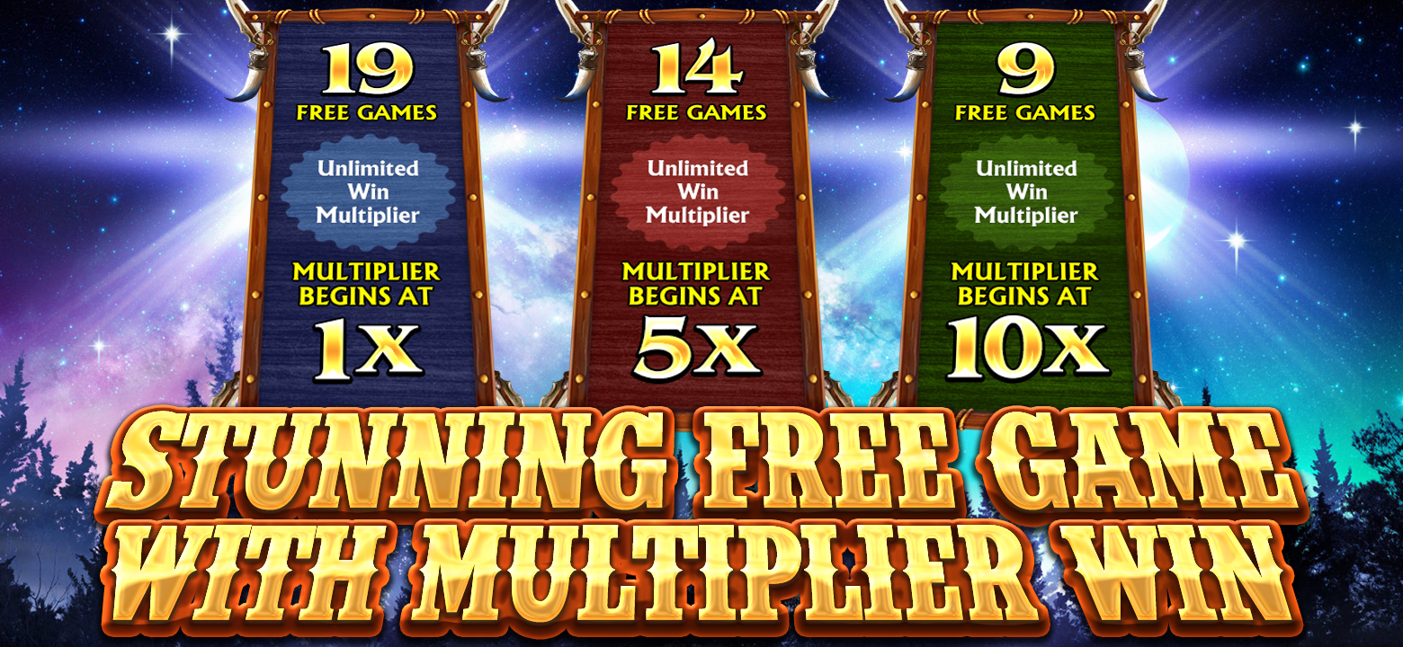Choose your Free Game strategy with customizable multipliers. Watch your wins multiply endlessly as you ride the buffalo stampede.