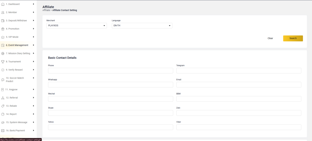 Effortlessly manage affiliate communication channels—set Telegram, WhatsApp, Email, and more from one back-office screen with PLAYXOS.