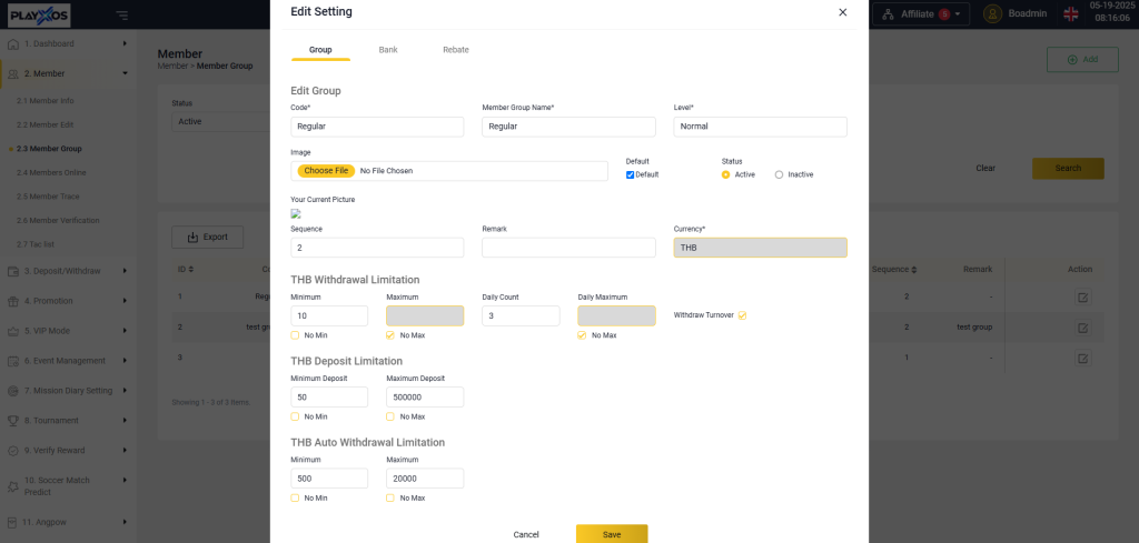 Back Office Precision – Instantly configure withdrawal rules via Member Group > Edit Setting.