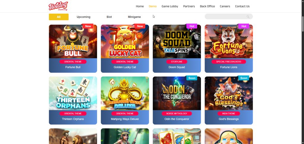 Explore our hits! The HOTDOG GAMING demo page: your gateway to top slots like Fortune Bull and Thirteen Orphans.