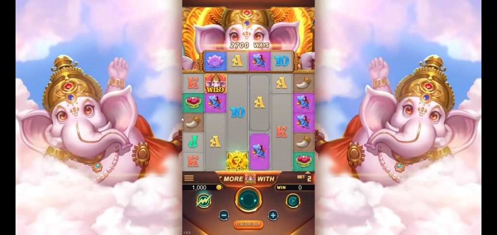 Experience the divine play! This Lucky Ganesha gameplay screen showcases its vibrant 5x6 reels and dynamic 2,700 Ways. Watch for those transforming Wilds and cascading wins!