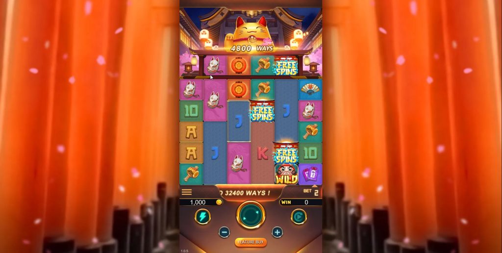 Dive into Golden Lucky Cat gameplay! This dynamic 5x6 reel interface showcases 32,400 Ways to Win and the strategic importance of each cascading win.