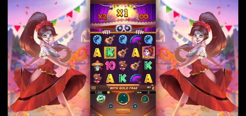 Step into the celebration! This Dead Fiesta Party gameplay screen showcases its vibrant 5x6 grid and Gold Framed Symbols. Witness the multiplier build with every cascading win!