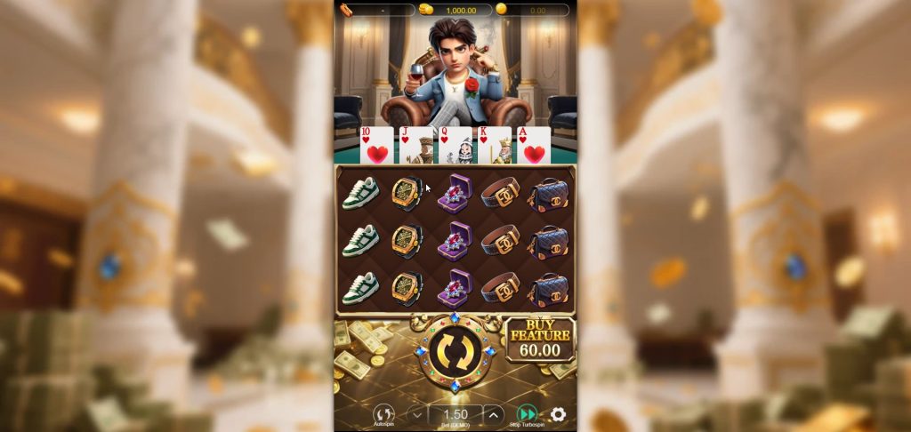 "Master the poker table! This Godfather Mind gameplay shows the 5x6 reels and the poker hand dealt above, ready to award massive multipliers based on combinations. Witness the strategic interplay!"