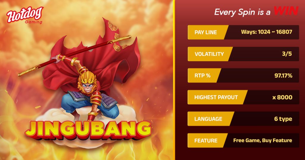 HOTDOG GAMING Jingu Bang offers up to 16,807 Ways to Win, 97.17% RTP, and a massive 8,000x max payout. Every spin has explosive potential!