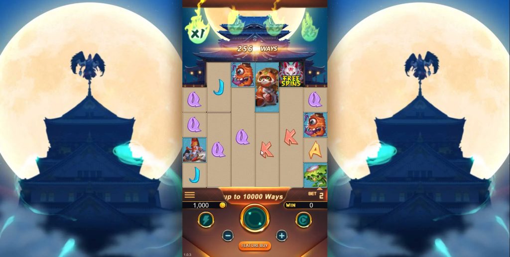 Witness the magic! This Hyakki Yagyo gameplay screen showcases its dynamic reels and 256 to 10,000 Ways to Win! Watch for those transforming Mystery Symbols!