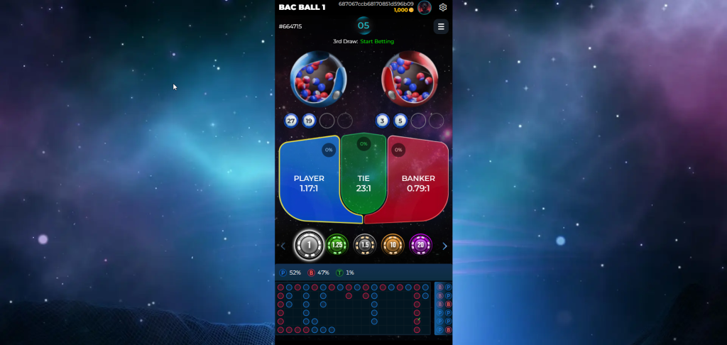 Experience the strategic thrill of Bac Ball 1! The dynamic odds and betting options as two sets of 30 balls are drawn, with previously drawn balls excluded to reshape the game with every draw. Predict the winning option and place your bets!