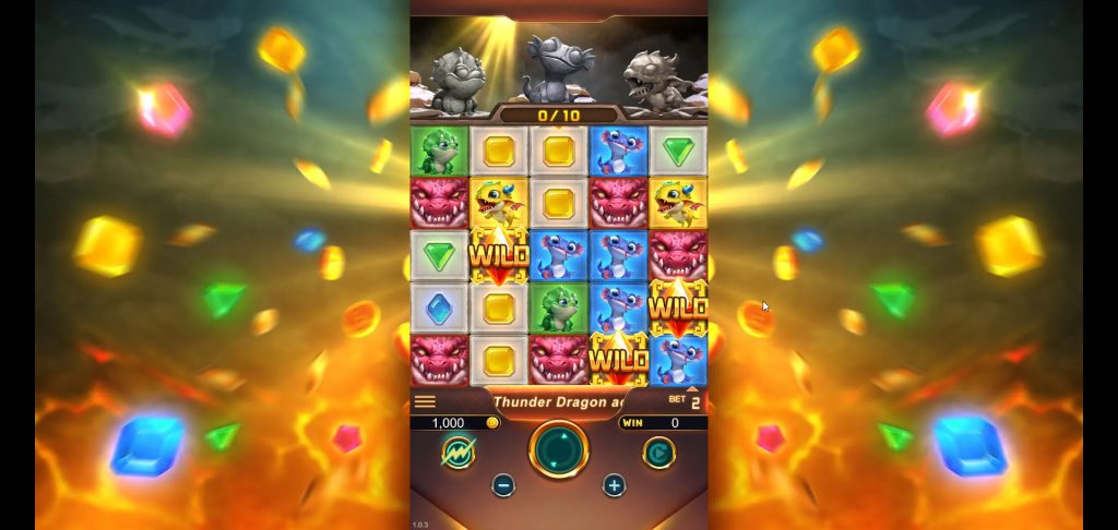 Unleash the power! This Dragon's Jewel gameplay screen showcases its dynamic 5x6 grid and the Winning Symbols Collection Bar above. Watch as clusters explode and fill the bar, leading to powerful Dragon Features!