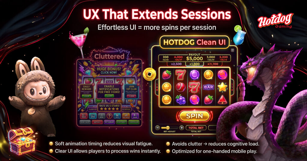 HOTDOG GAMING: UX that extends sessions: keep the loop clear, fast, and readable.